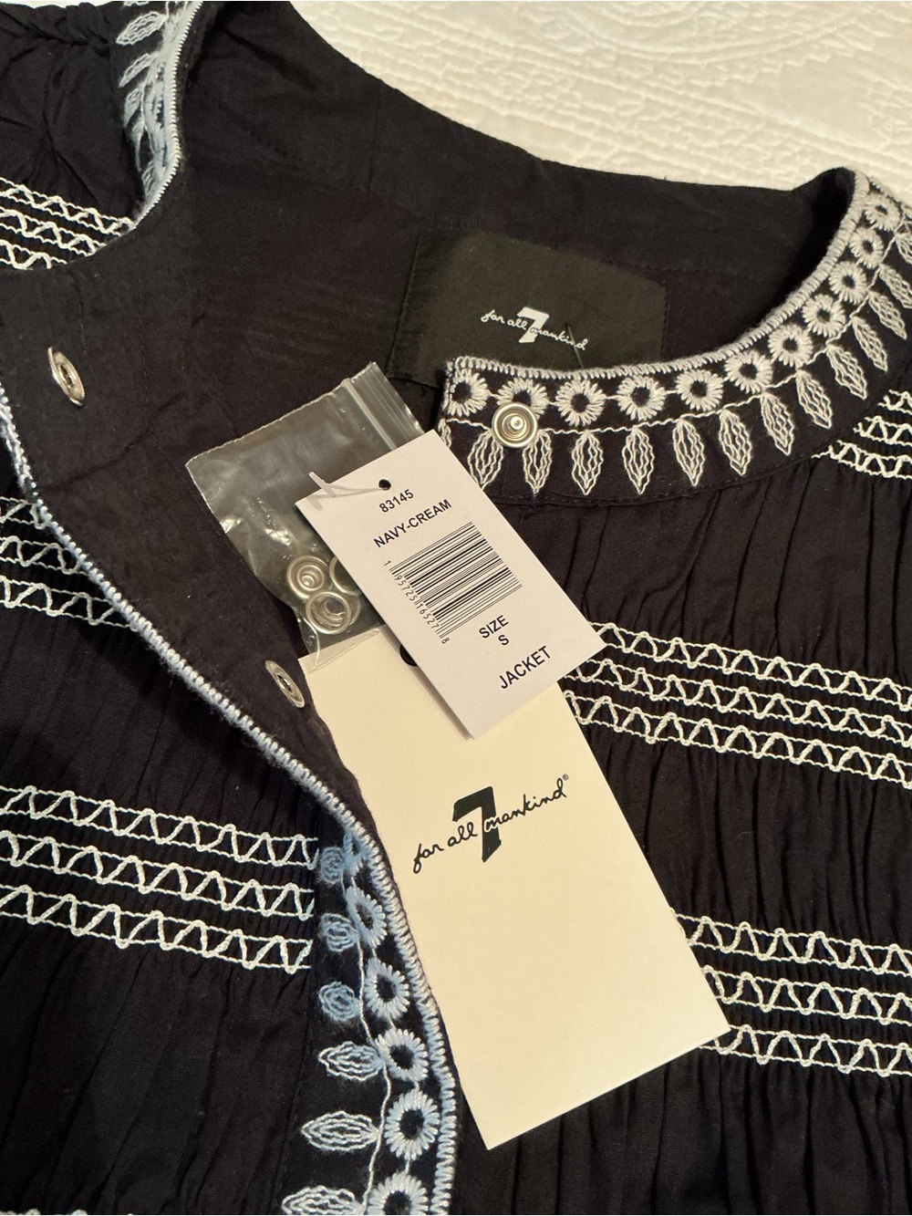 7 For All Mankind Small Navy Blue Embroidered Peasant Jacket Snap-Front Top - Picture 2 of 13